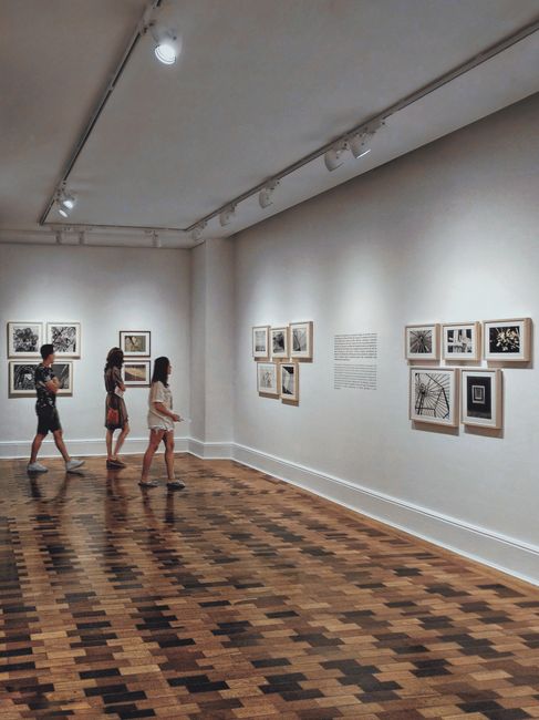 A clean, well-lit interior of the Dulwich Picture Gallery displaying framed paintings on smooth, light-colored walls. The wooden floor appears polished and free of dust, reflecting the ambient light f