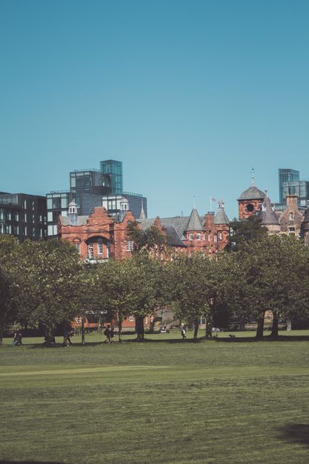 A spacious outdoor park scene featuring a well-maintained grassy area with neatly trimmed green lawns and mature trees providing shade. The park has a few people visible in the distance, enjoying leisure activities under the clear blue sky. In the background, there are historic red brick buildings with intricate architectural details, contrasting with modern high-rise structures made of glass and steel. The scene is softly lit by natural daylight, creating a bright and clean atmosphere, reflecting the importance of surface cleaning and maintenance in public outdoor spaces. This image aligns with the services offered by Cleaners Dulwich for domestic cleaning, ensuring cleanliness and hygiene in all environments, whether outdoor or indoor, as highlighted on their webpage for same day quotes in Dulwich.